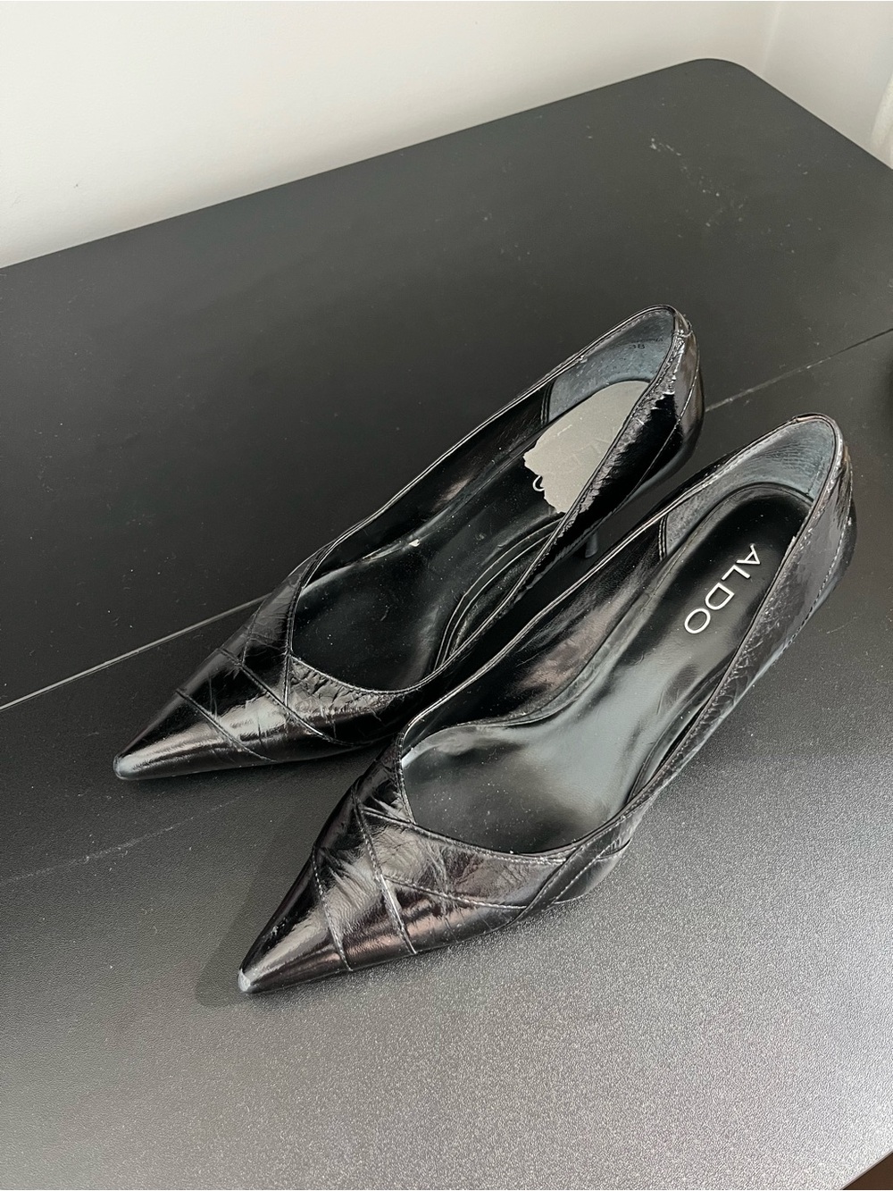 ALDO Black Pointed-Toe Patent Leather Kitten Heels